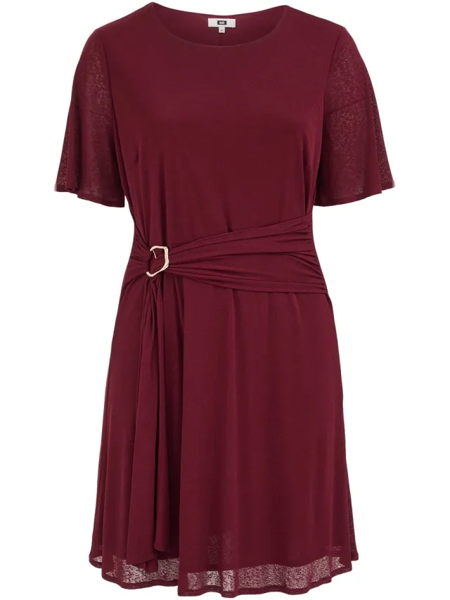 WE Fashion Dames midi jurk met gouden accent - Curve Burgundy red