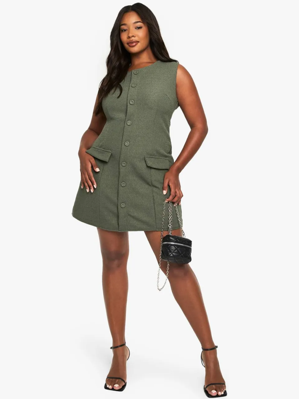 boohoo Dames plus boucle getailleerde mini-jurk met knoopsluiting aan de voorkant kaki, foto 2