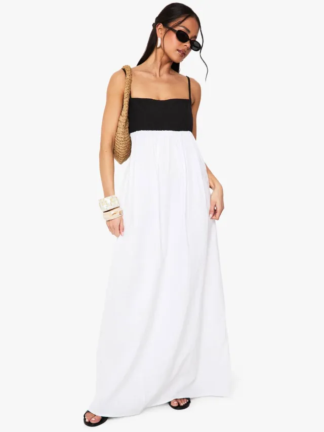boohoo Dames Contrast Linnen Smock Maxi-jurk Black
