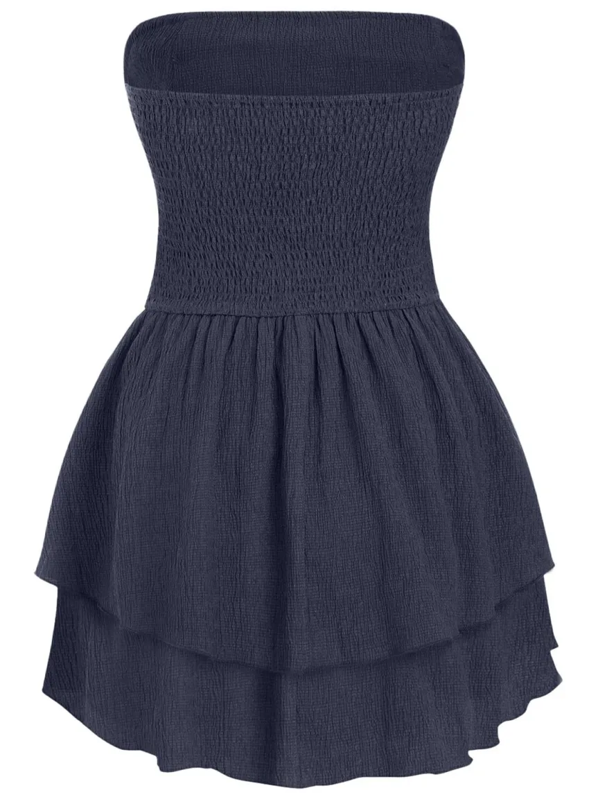 Hiccup Strapless Textured Ruffle Minijurk marineblauw, foto 2