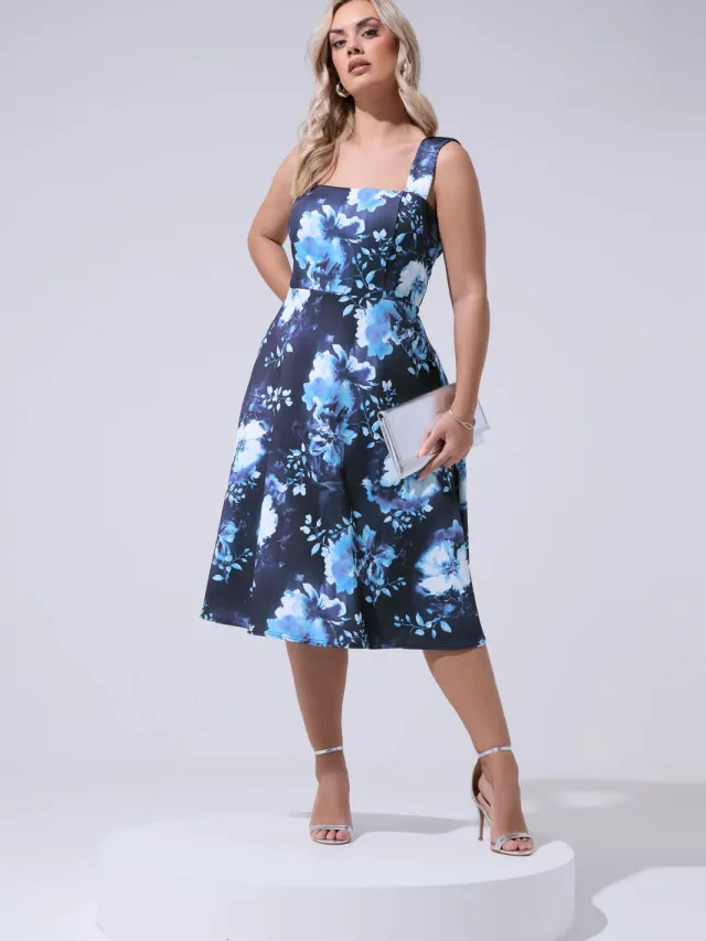 Yours London Blauwe Skaterjurk Met Bloemenprint Blue