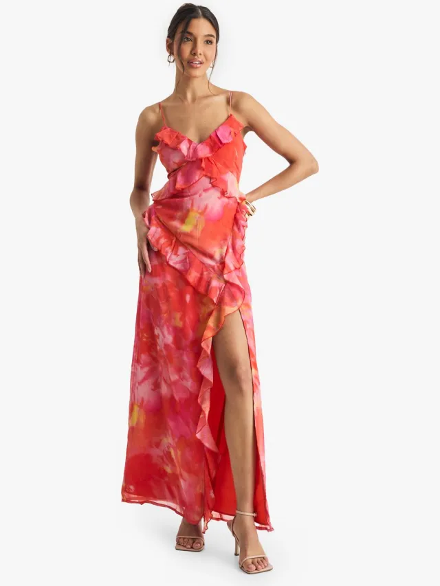 boohoo Dames Bloemen Crinkle Chiffon Ruffle Maxi Jurk Roze