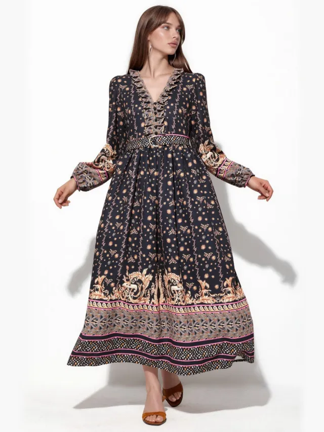 MSN Collection Florale Maxi Jurk met Ceintuur Veelkleurig