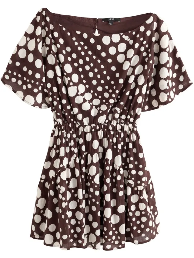 Next Dames - Getailleerde mini-jurk met kimonomouwen - Bruin Chocolate Brown Polka Dot