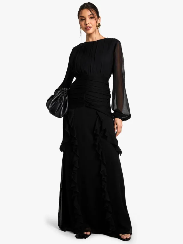 boohoo Dames Geplooide Chiffon Maxi Jurk Met Ruches Zwart