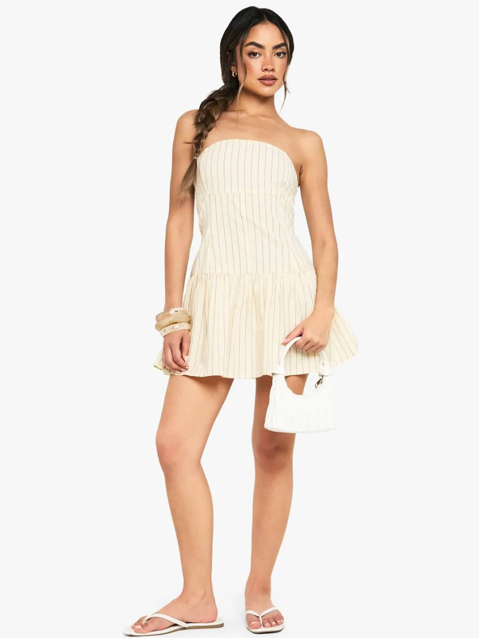 boohoo Dames Stripe Linen Look Button Down Peplum Mini Jurk ecru, foto 2