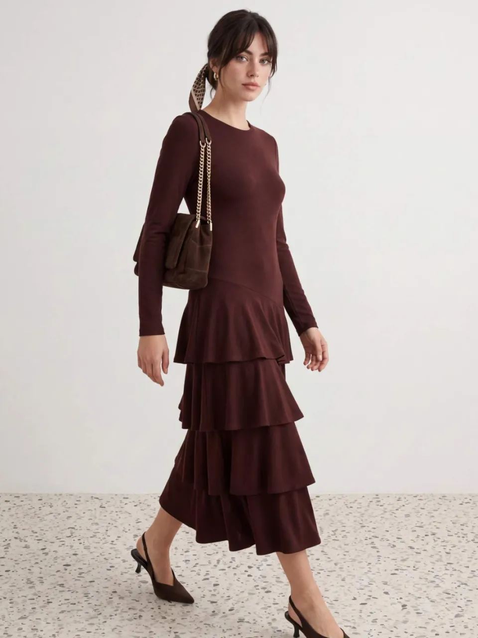 Trendyol TRENDYOLMİLLA Dames Bruin Stippen Maxi Lang Skater Modest Jurken, foto 2