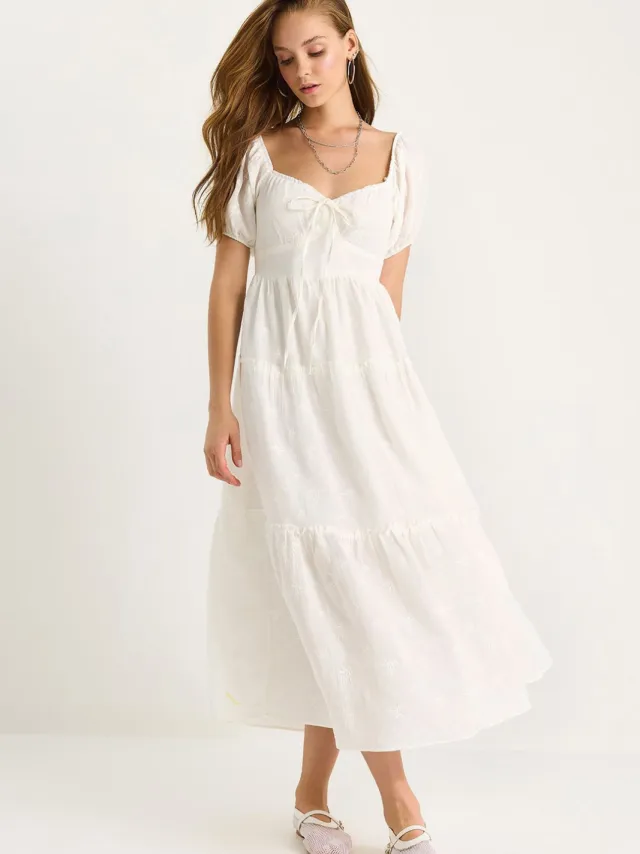 Bianco Lucci Geborduurde Hart Kraag Maxi Jurk Wit