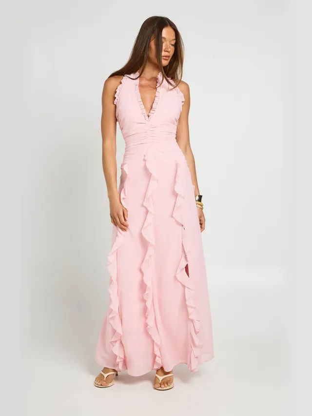 boohoo Dames Chiffon Maxi Jurk Met Ruches Detail En Halternek Stoffig Roze