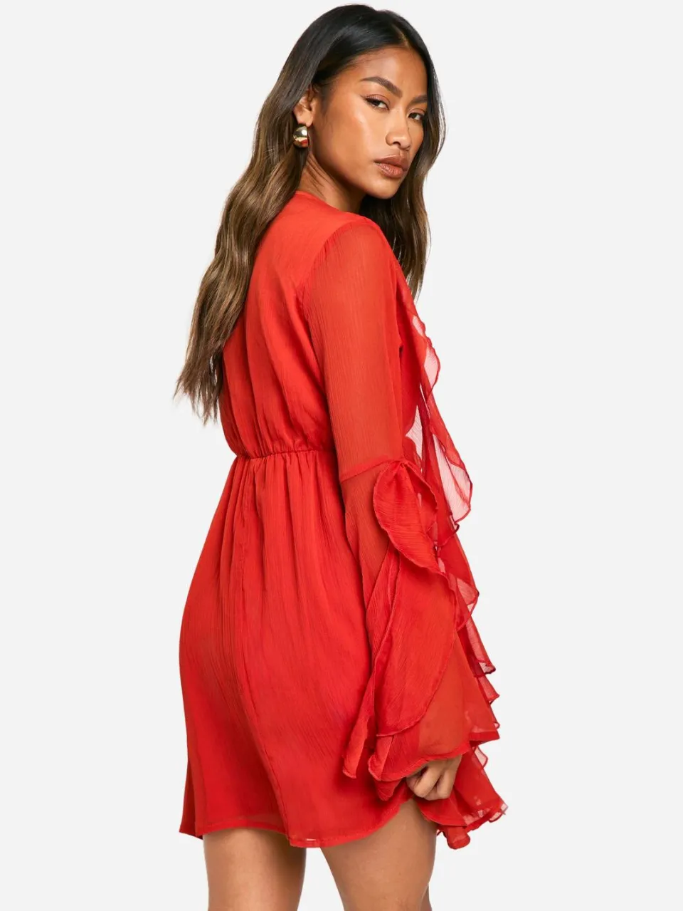boohoo Dames Ruffle Flare Sleeve Mini Dress russet, foto 3