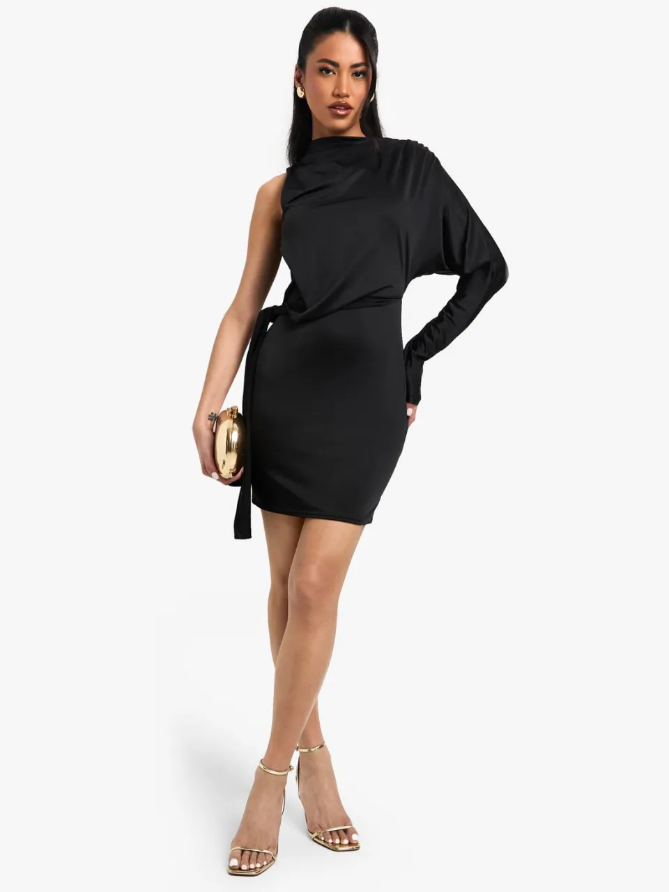 boohoo Dames Slinky One Shoulder Knot Detail Mini Jurk Zwart