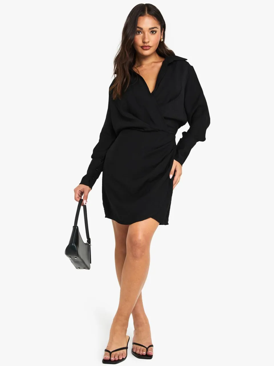 boohoo Dames Lange Jurk met kraag en wikkelontwerp zwart, foto 3