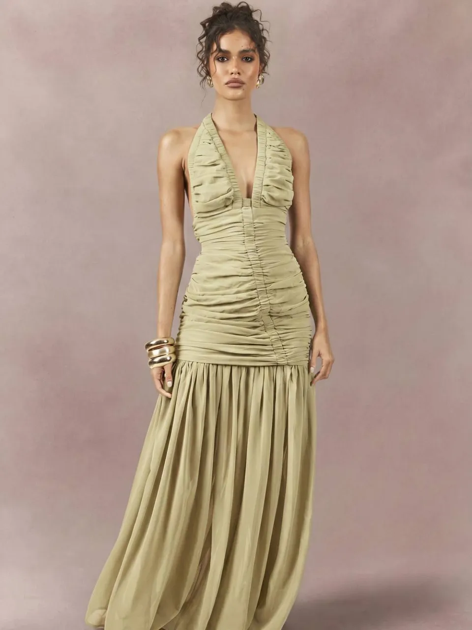 boohoo Dames Chiffon Extreme Geplooid Maxi-jurk Met Diepe Halslijn Olijf