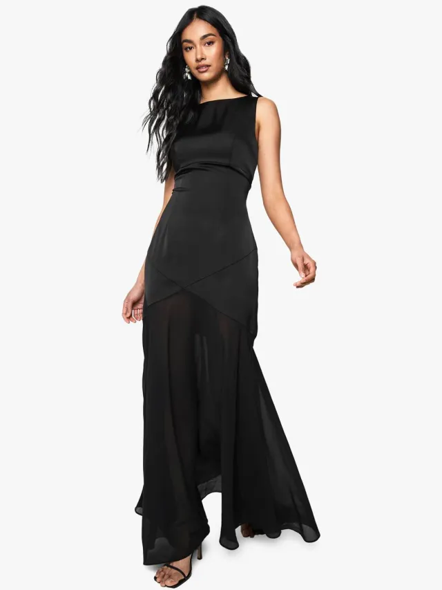 boohoo Dames Satijn en chiffon mix geplooide maxi-jurk Zwart