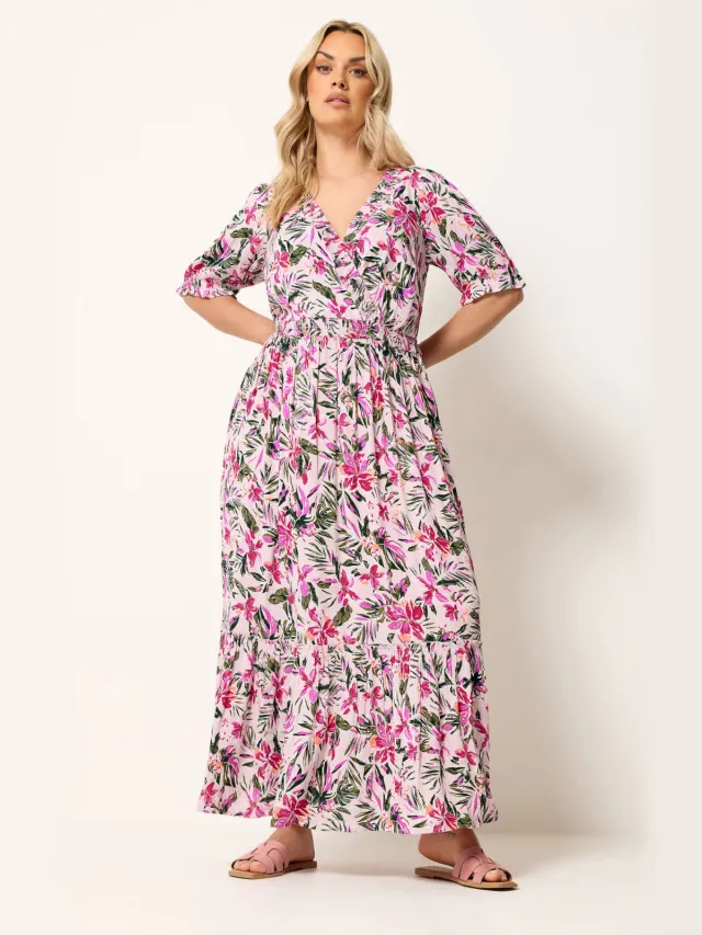 Yours Zwarte Maxijurk Met Tropische Halsplooien-52 Pink