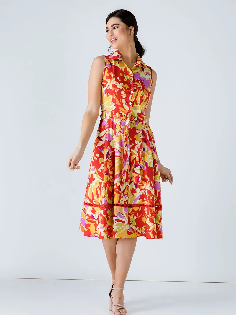 Conquista Button Detail Multicoloured Print Dress rood, foto 2