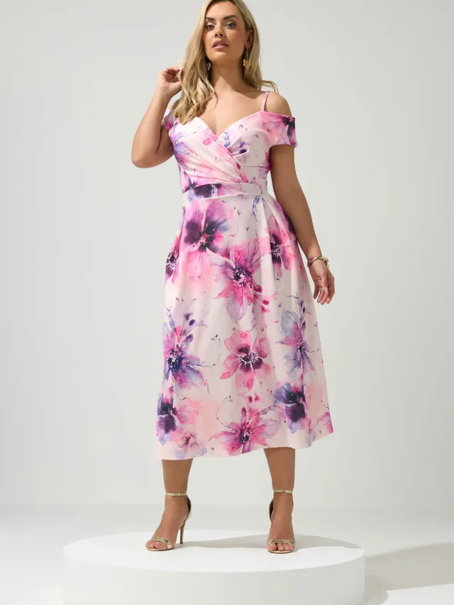 Yours London Roze Bardot Skaterjurk Met Bloemenprint-56 Pink