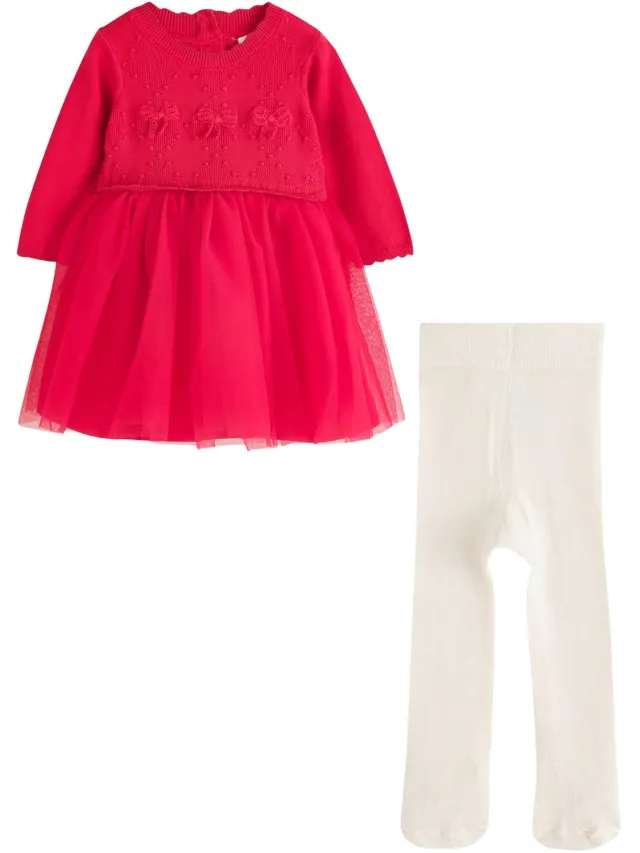 Next Meisjes - 2-delige gebreide babyset van jurk met mesh en maillot - Rood Red