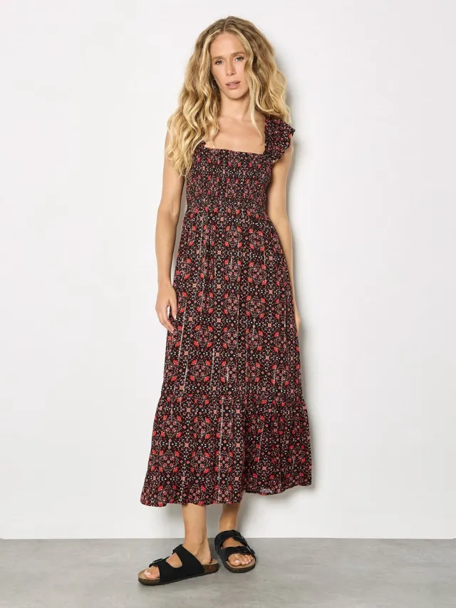 Apricot Midi-jurk met folkbloemenprint en metallic details Zwart