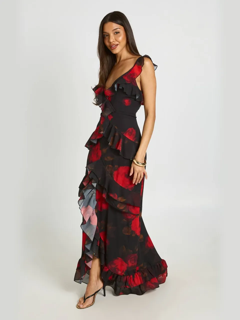 boohoo Dames Gebloemde Chiffon Maxi Jurk Met Gelaagde Ruches zwart, foto 3