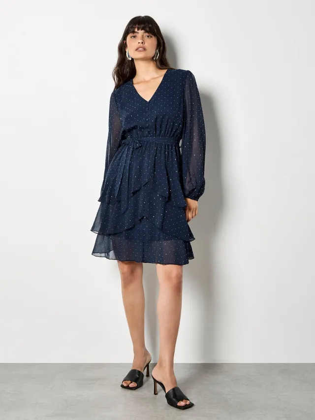 Apricot Mini-jurkje van chiffon met laagjes en diamantversieringen Marine