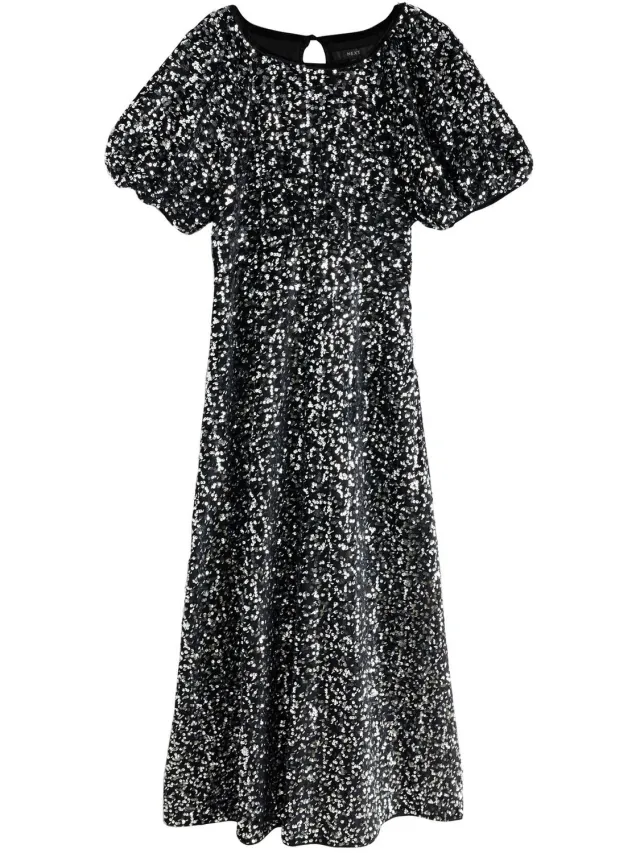 Next Dames - Fluwelen midi-jurk met pofmouwen - Tall - Zilver Silver Sequin