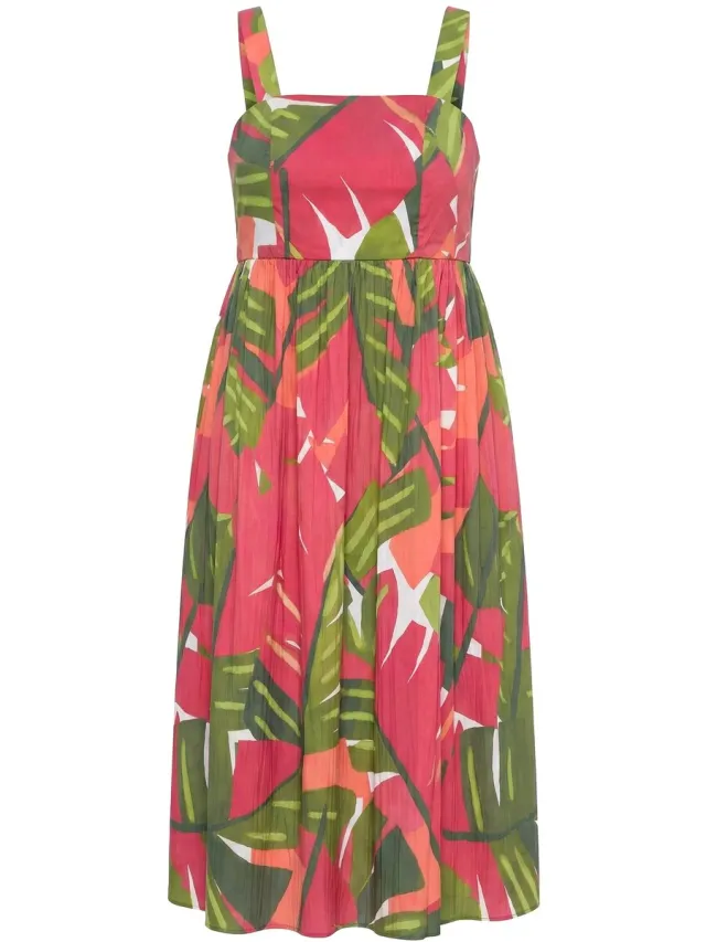 Ulla Popken Dames - Maxi-jurk palmbomen gesmokte rug mouwloos - Roze - Maat 62+
