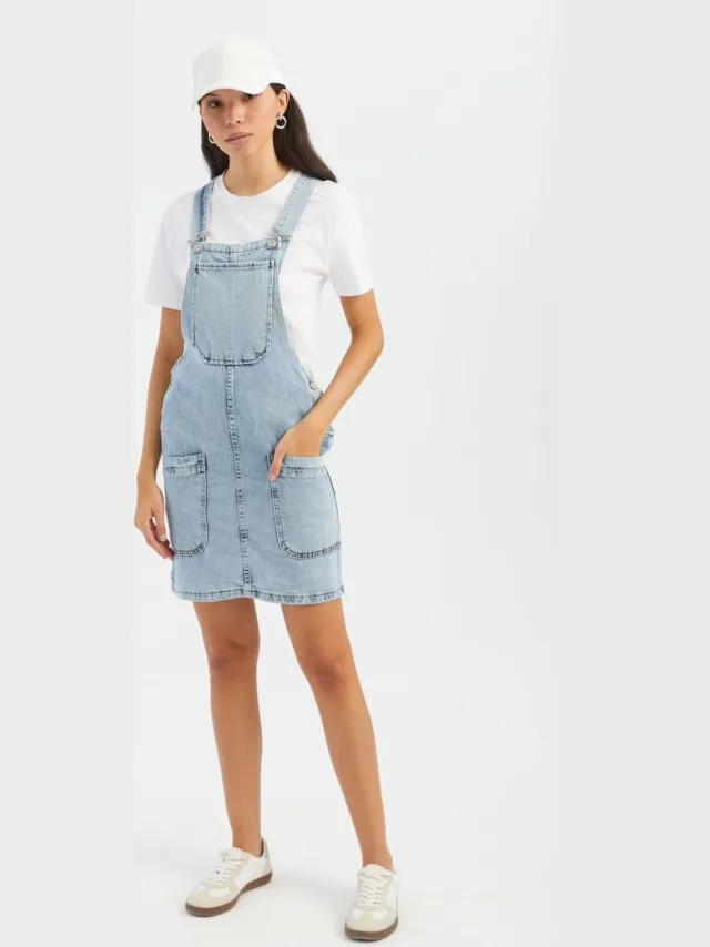 Hiccup Denim Overall Mini-jurk met Pocket-detail Lichtblauw