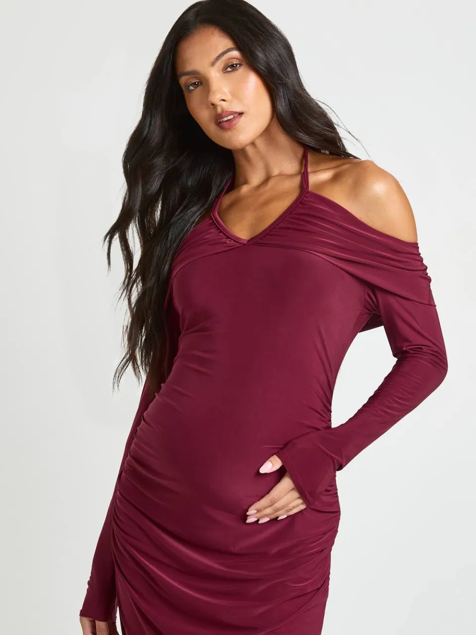 boohoo Dames Zwangerschaps Plus Bardot Lange Mouw Halter Maxi Jurk fig, foto 2