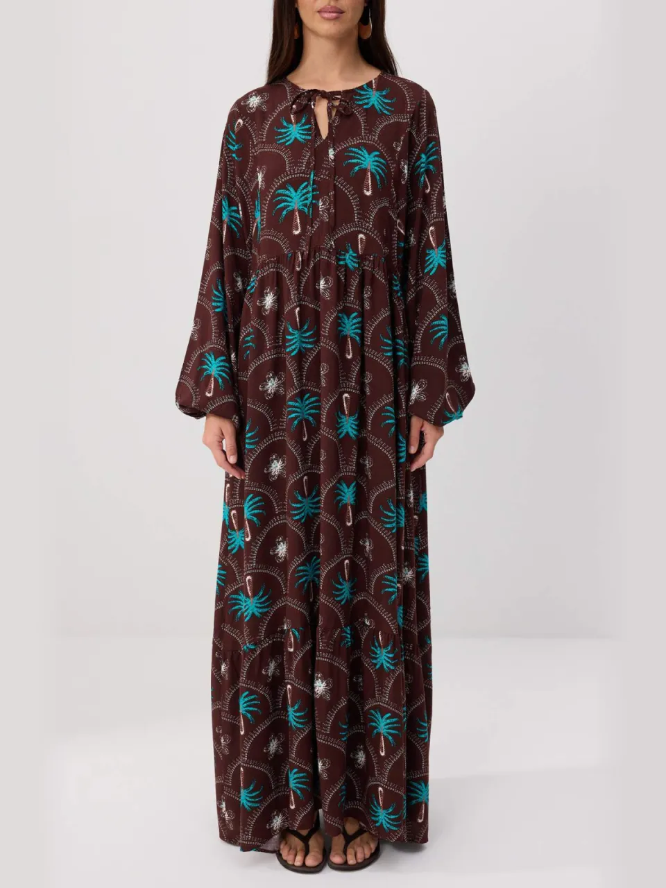 Trendyol Modest Dames Bruin Tropisch Maxi Lang A-lijn Modest Jurken, foto 2