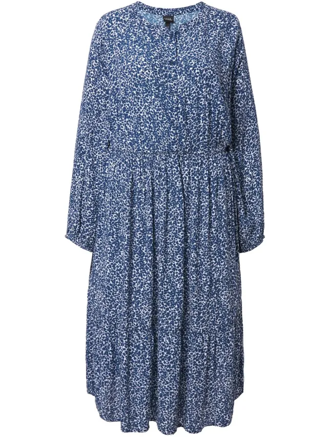 Ulla Popken Dames - Midi-jurk A-lijn ronde hals lange mouw crêpe - Donkerblauw - Maat 54+