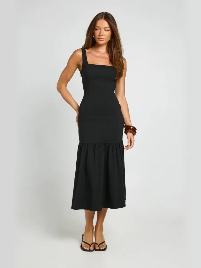 boohoo Dames Drop-hem Getailleerde Midaxi Jurk Zwart
