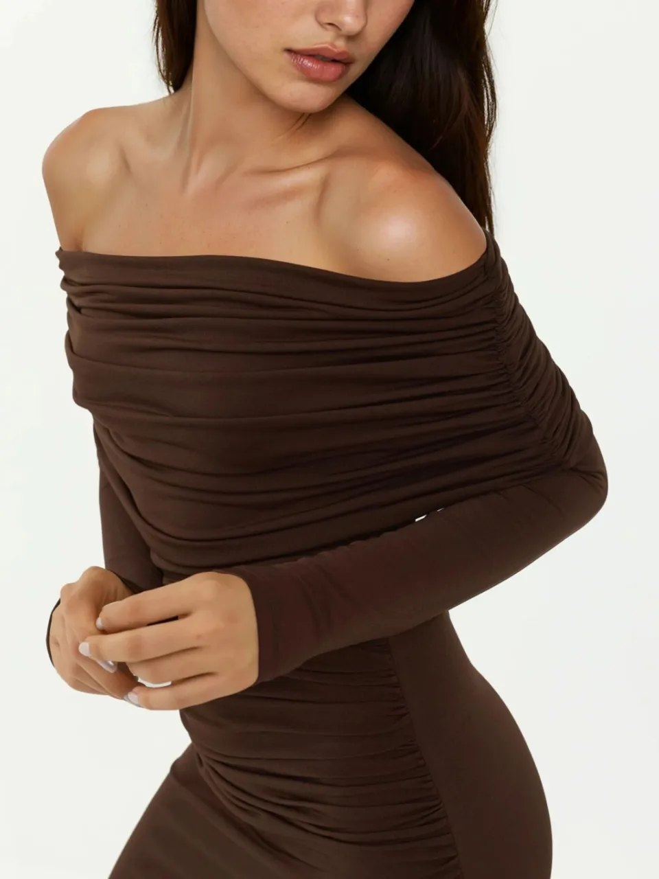 Hiccup Off-Shoulder Bodycon Maxi Jurk mokka, foto 2