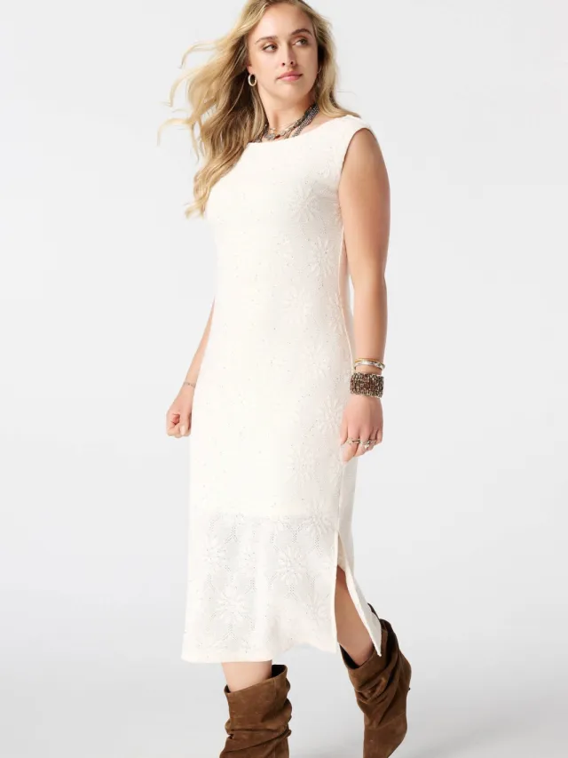 MS Mode gebloemde midi jurk met pailletten Plus Size - ecru