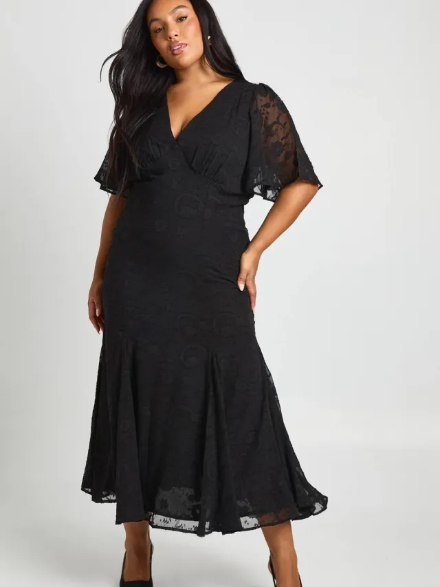 boohoo Dames Plus Burnout Engelmouw Midaxi Jurk Zwart