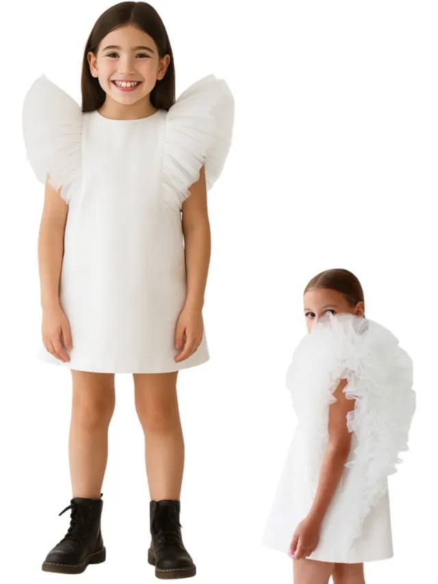JOYAKIDS Joya Kids® Bruidsmeisje Jurk Meisje Spierwit met Tule Pofmouwen | Feestjurk Tule Mouwen | Prinsessen jurk Spier Wit | Feestjurk Communie | Kinderjurk Bruiloft | Voor 2 tot 10 jaar oud Wit Tule Pofmouw