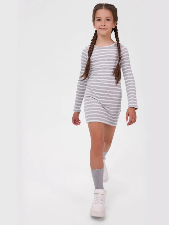 Minoti meisjes jurk lange mouw – geribd – 2-pack – grijs en gestreept Meerkleurig