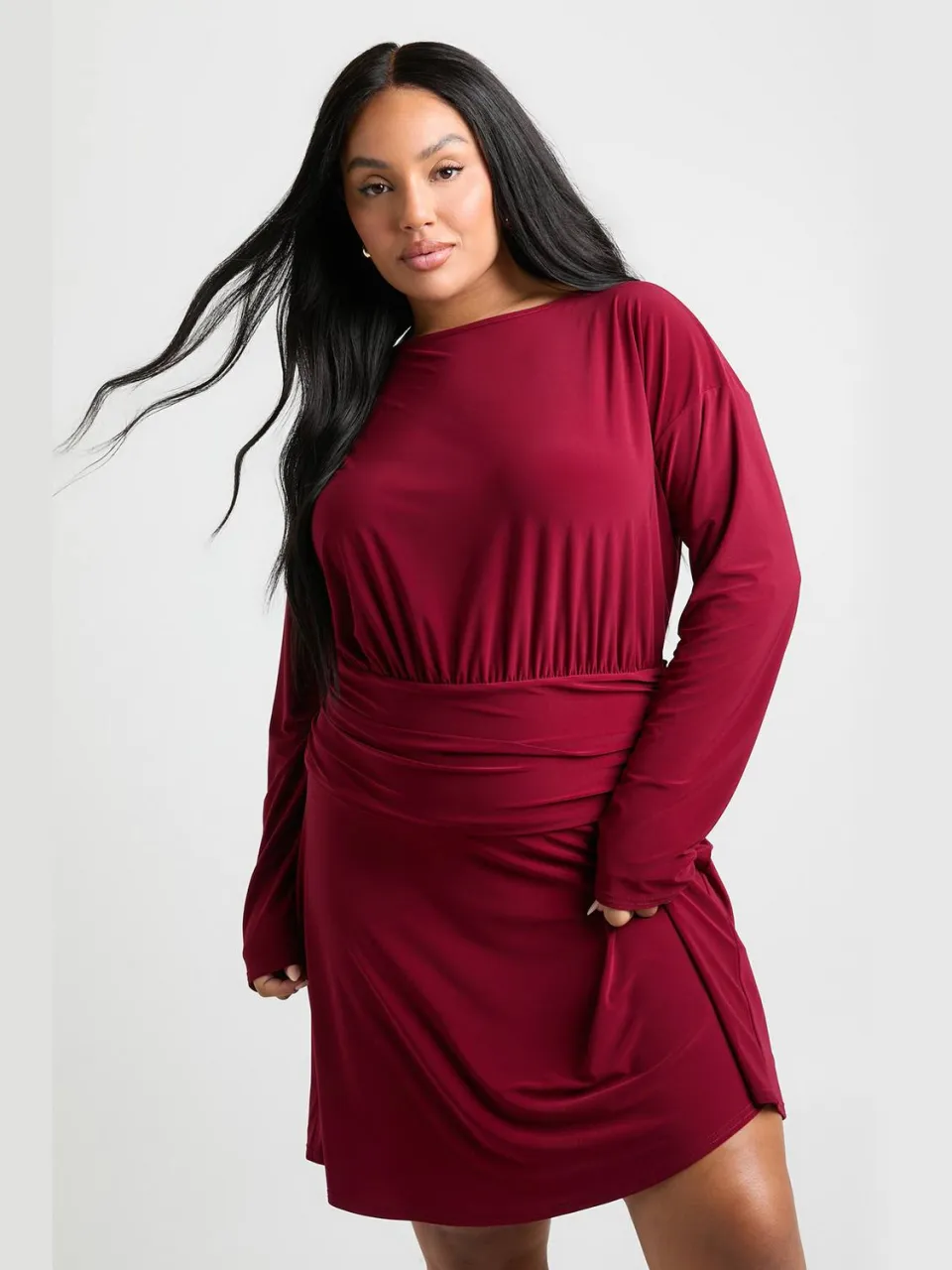 boohoo Dames Plus lange mouwen gerafeld zijpaneel taille skaterjurk bessen, foto 2