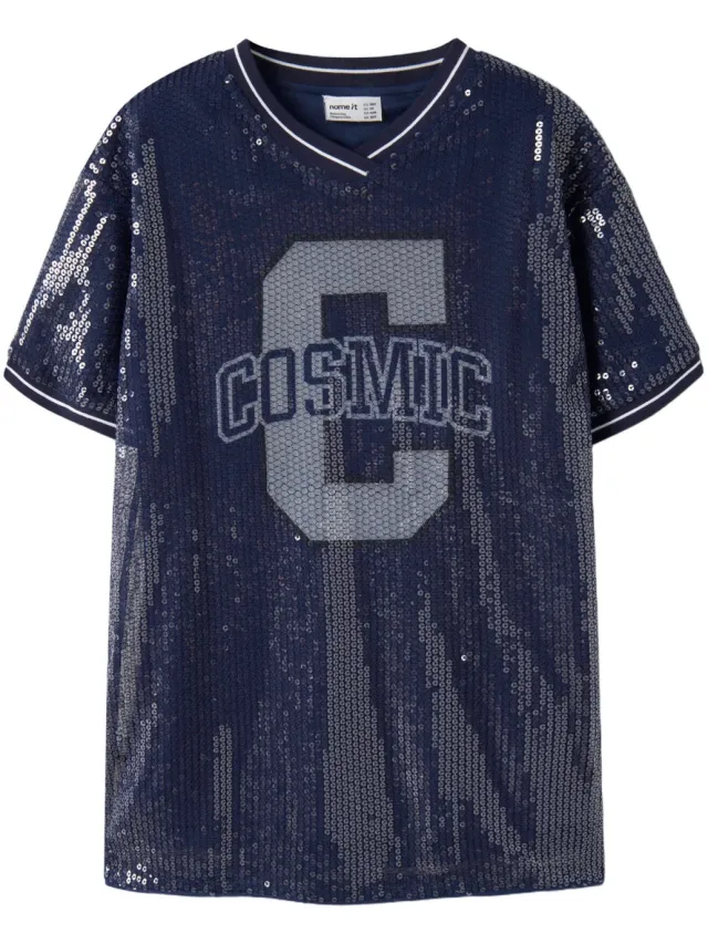 NAME IT KIDS korte glitter T-shirtjurk met pailletten en print - blauw, foto 2
