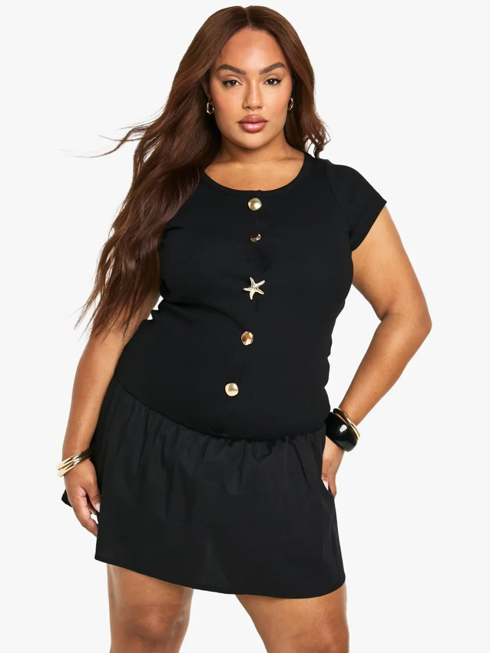 boohoo Dames Plus Gold Trim Rib Poplin Mix Mini Jurk, foto 3