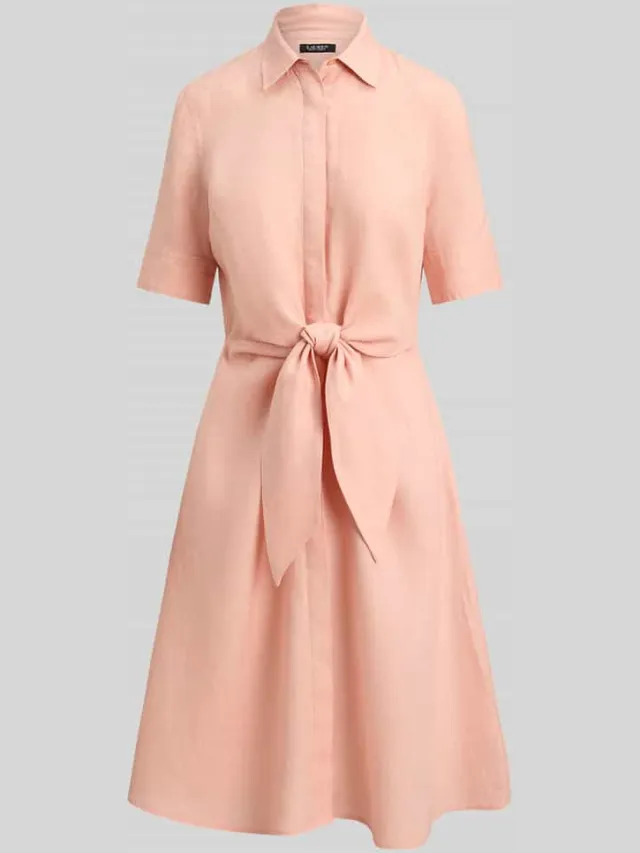 Lauren Ralph Lauren Knie-lange linnen jurk met strikceintuur model 'WAKANA' roze, foto 2