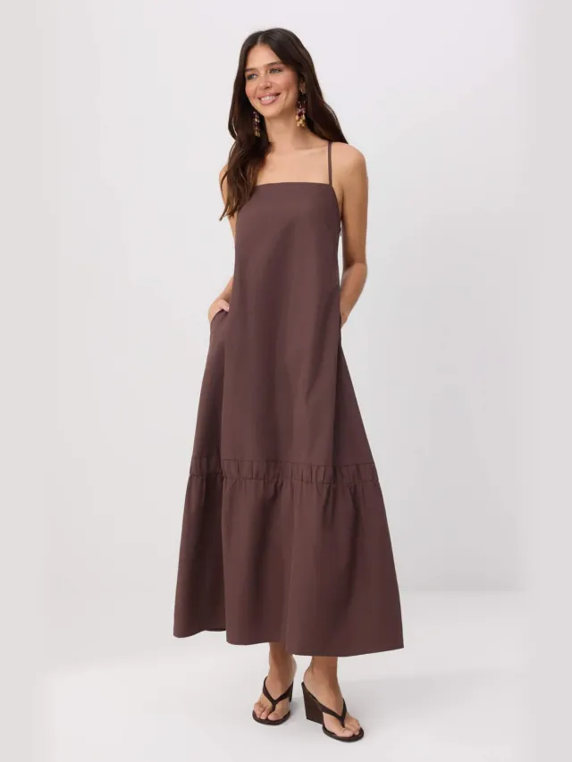 Trendyol TRENDYOLMİLLA Dames Bruin Effen Maxi Mouwloos Skater Jurken