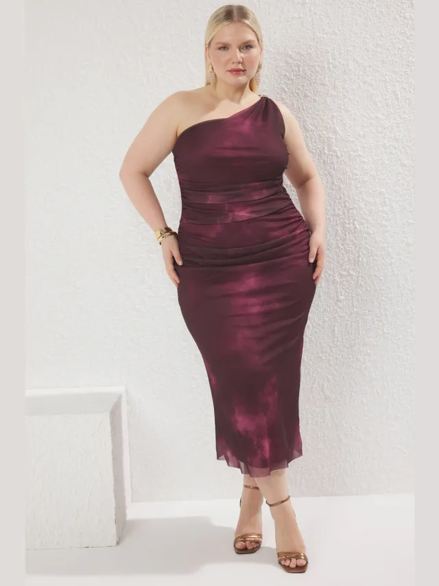 Trendyol Curve Dames Bordeaux Effen Maxi Mouwloos Feest Bodycon Grote maten Jurk Bordeauxrood