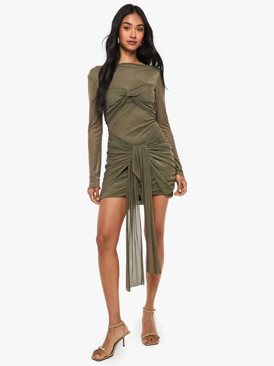 boohoo Dames Mini-jurk met mesh ruched twistdetail Kaki