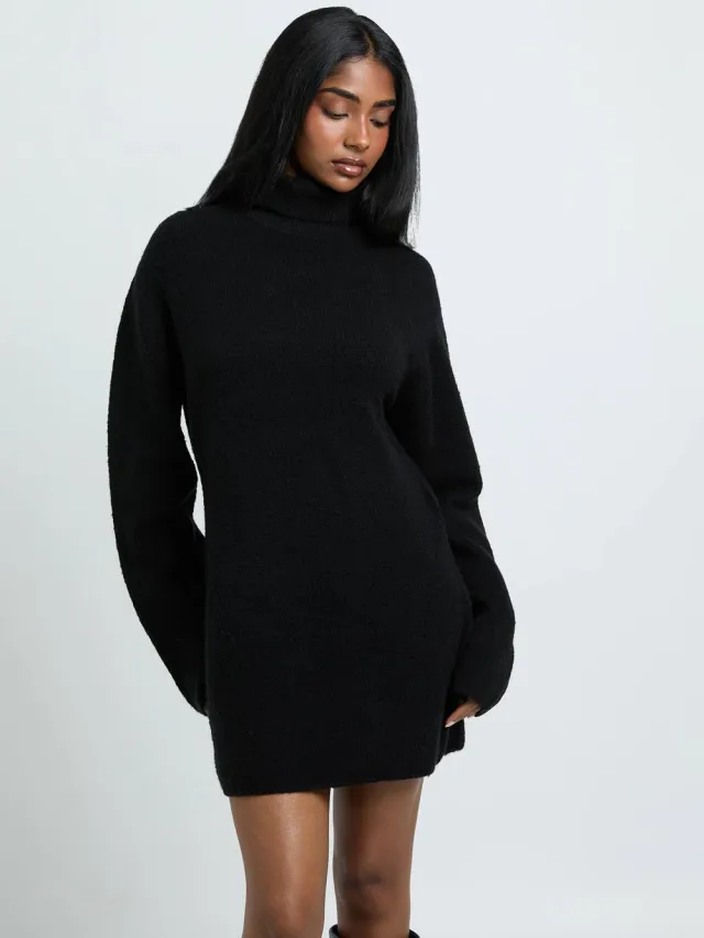 boohoo Dames Petite Coltrui Chunky Gebreide Mini Jurk Zwart