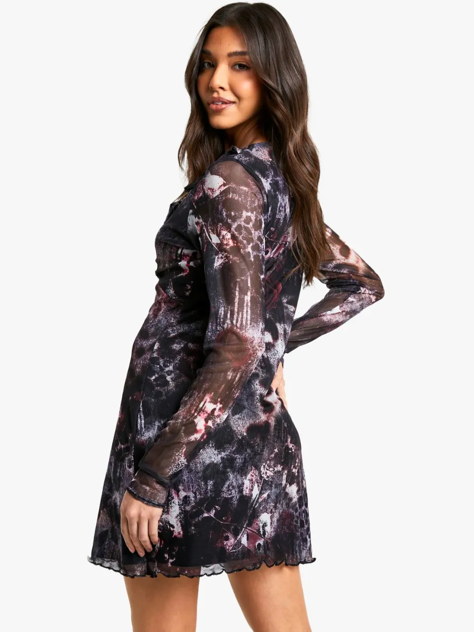 boohoo Dames Abstract Mesh Slare Sleeve Mini-jurk zwart, foto 2