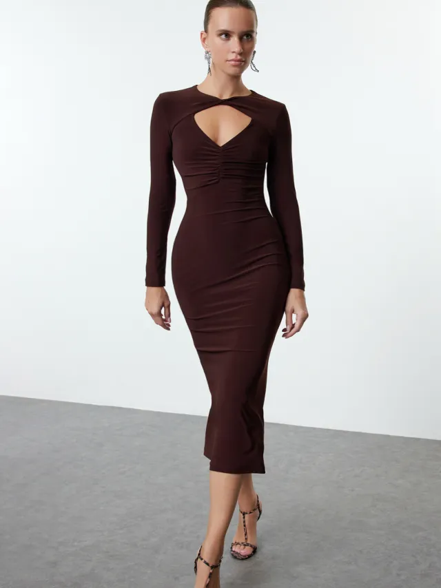 Trendyol TRENDYOLMİLLA Dames Bruin Effen Midi Lang Stijlvol/Avond Bodycon Jurken
