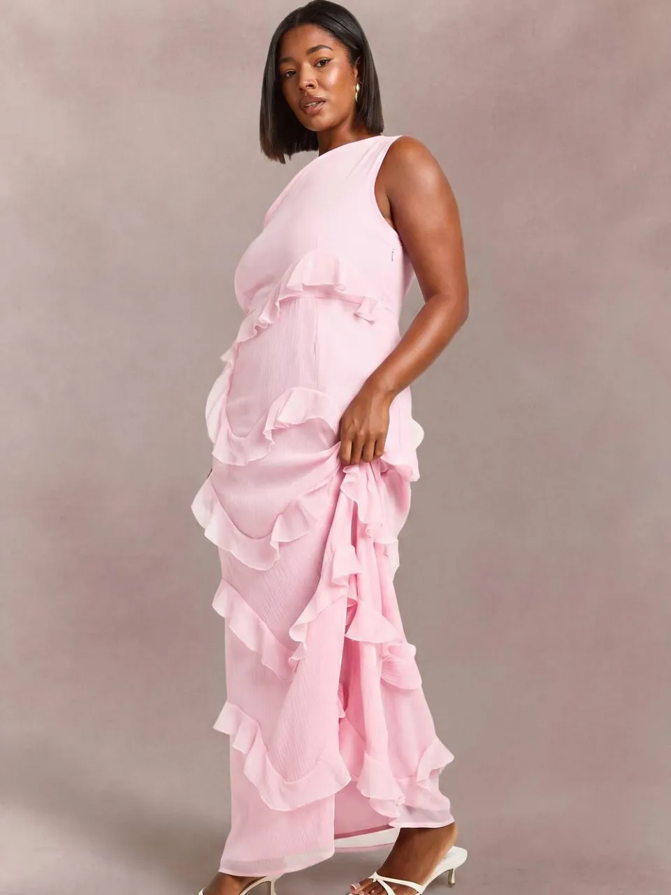 boohoo Dames Plus Chiffon Asymmetrische Maxi Jurk baby roze, foto 4