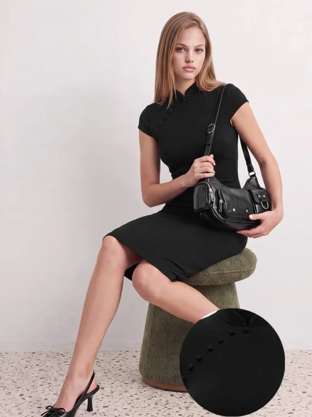 Trendyol TRENDYOLMİLLA Dames Zwart Effen Midi Kort Bodycon Jurken