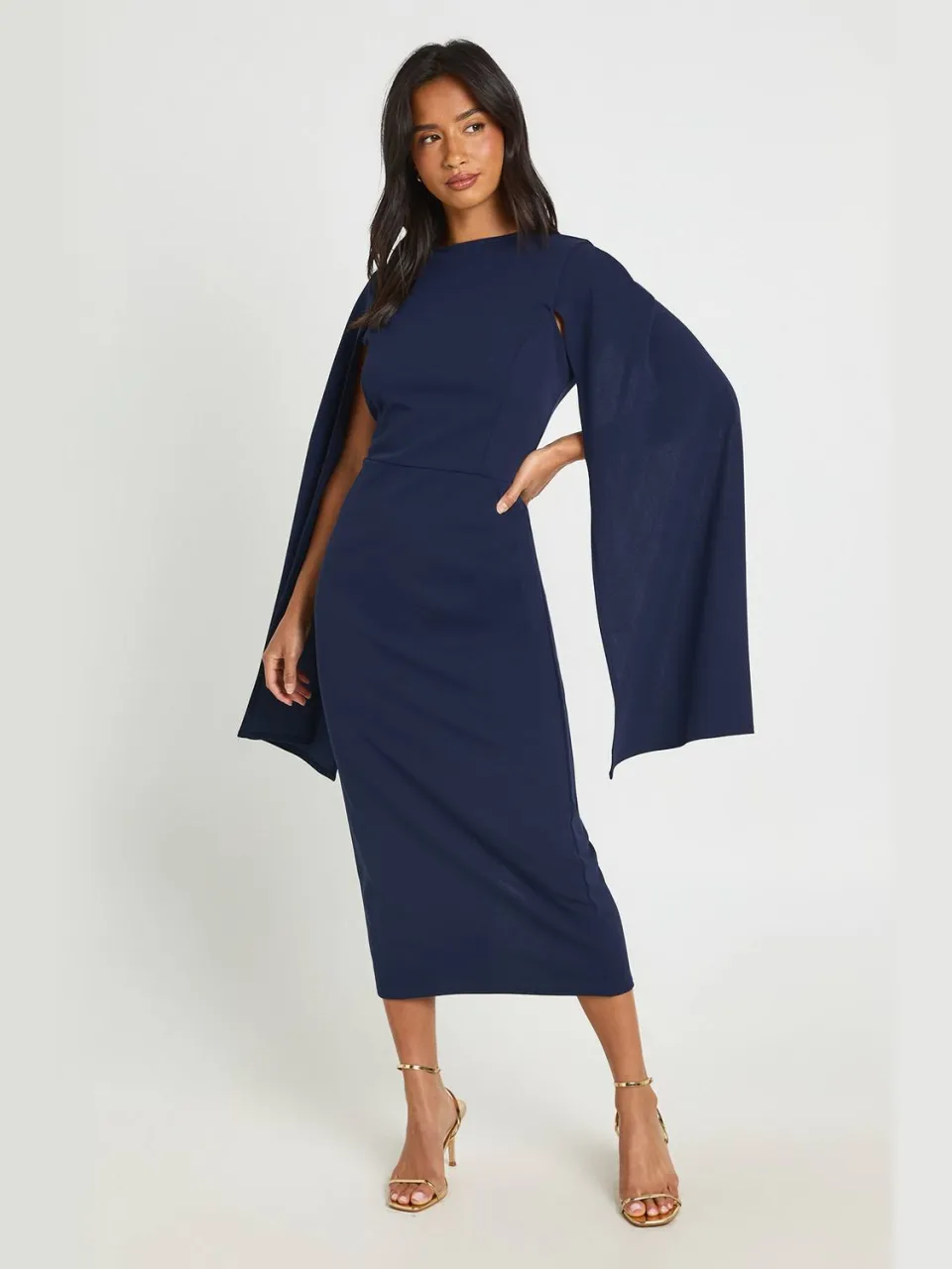boohoo Dames Petite Midi Bodycon Jurk Met Cape Mouwen marineblauw, foto 3